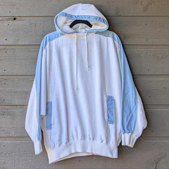 VTG 80s LizWear Oversized Hoodie Sweatshirt White Chambray Blue Medium - Picture 7 of 7